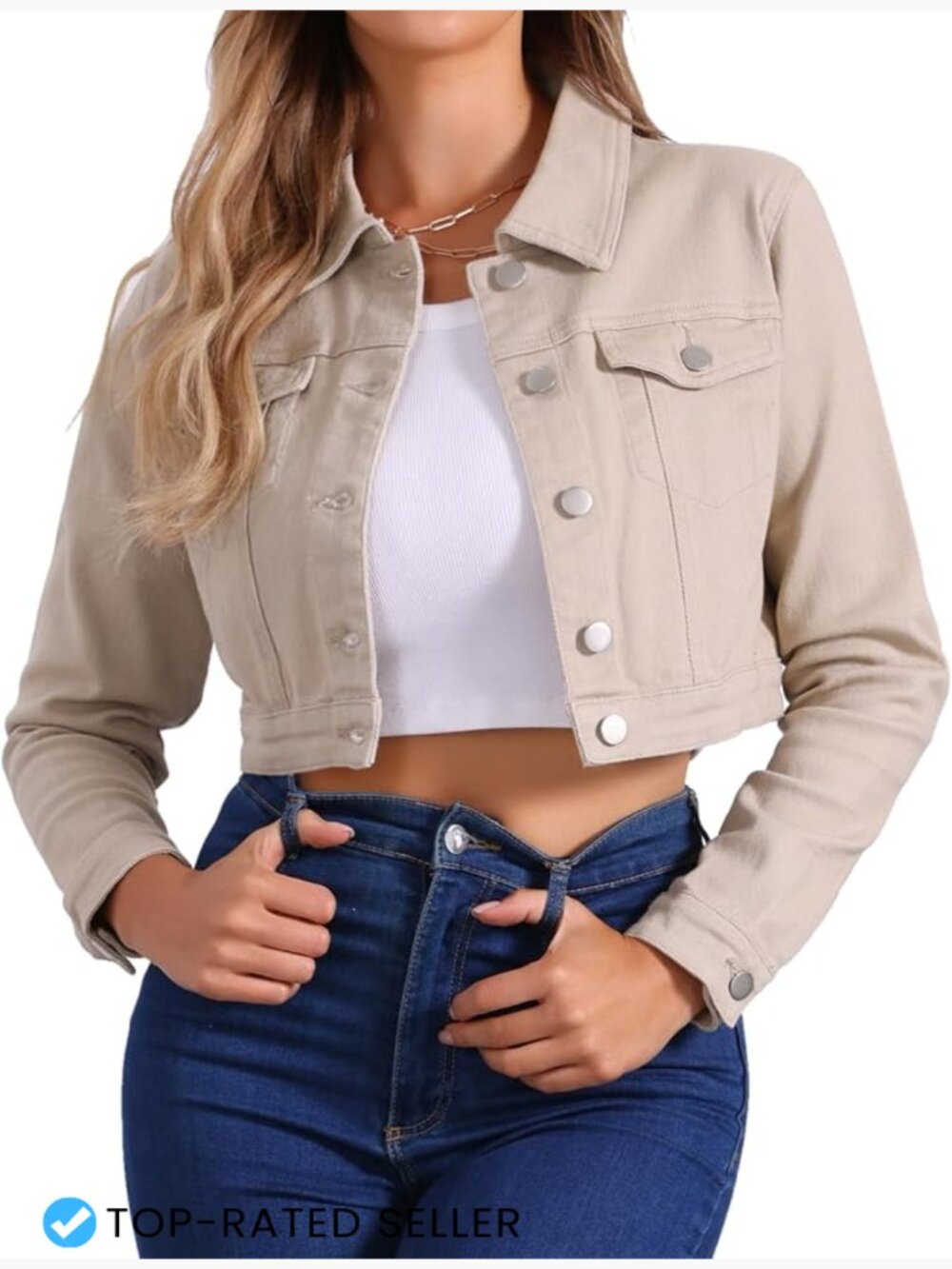 Cropped Denim Jacket Long Sleeve Relaxed Fit Vintage Chic 2026 Spring Style